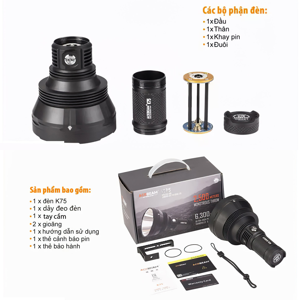 Đèn Pin Cắm Trại Du Lịch Chiếu Xa Acebeam K75 Chiếu Xa 2500M Độ Sáng 6300 Lumen