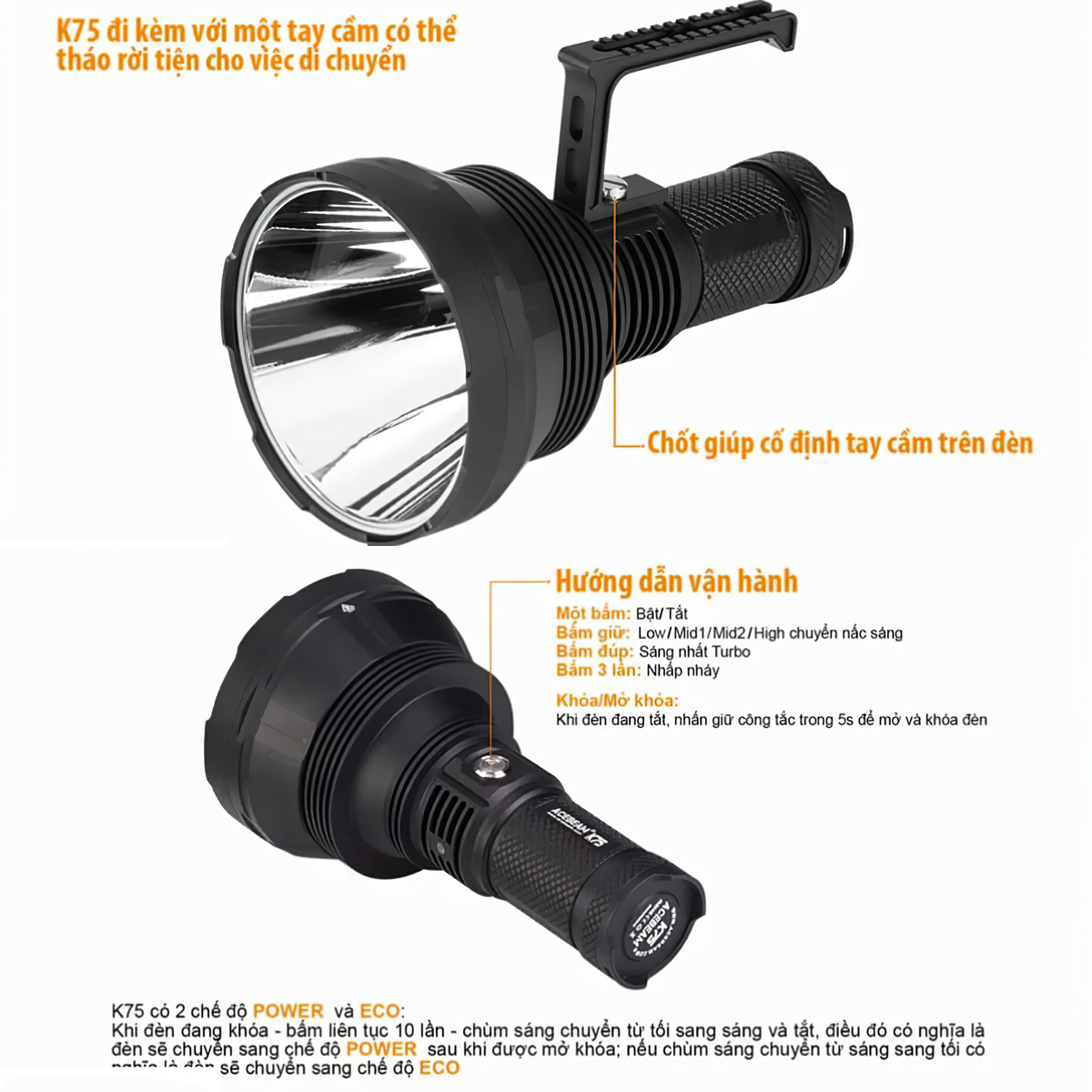 Đèn Pin Cắm Trại Du Lịch Chiếu Xa Acebeam K75 Chiếu Xa 2500M Độ Sáng 6300 Lumen