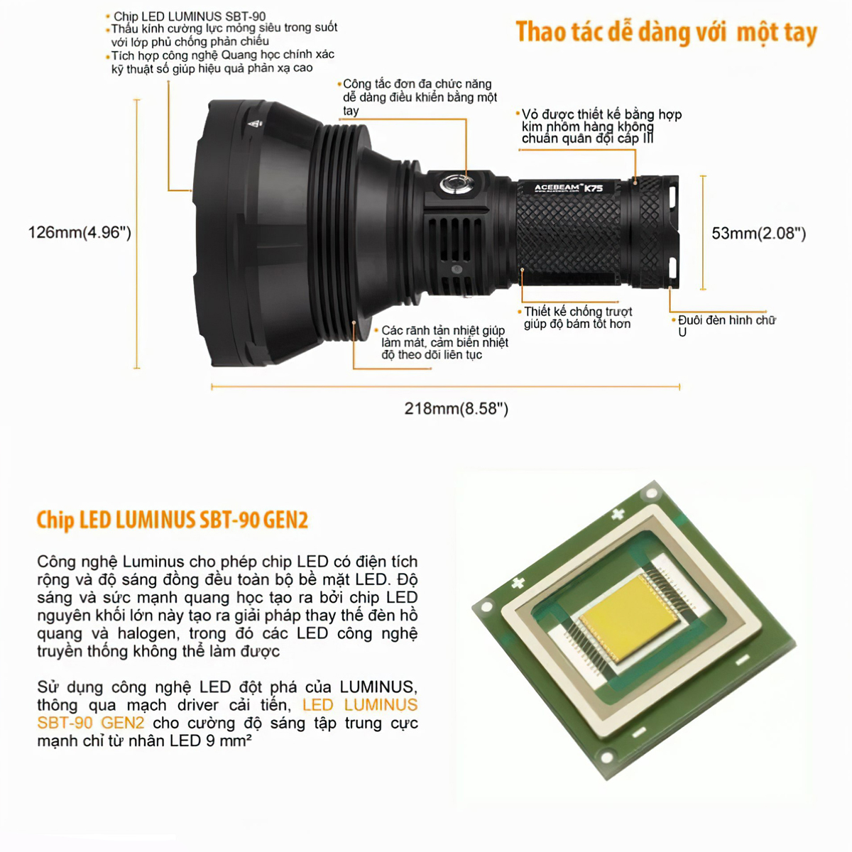 Đèn Pin Cắm Trại Du Lịch Chiếu Xa Acebeam K75 Chiếu Xa 2500M Độ Sáng 6300 Lumen