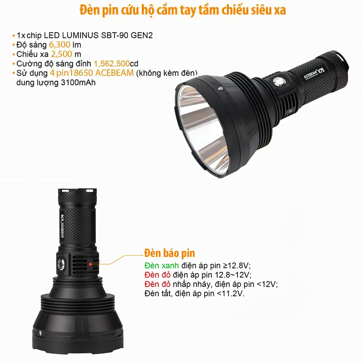 Đèn Pin Cắm Trại Du Lịch Chiếu Xa Acebeam K75 Chiếu Xa 2500M Độ Sáng 6300 Lumen