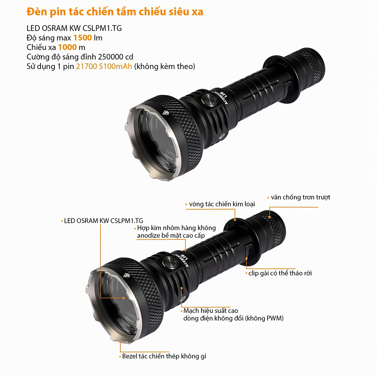 Đèn Pin Cắm Trại Du Lịch Chiếu Xa ACEBEAM L18 Độ Sáng 1500 Lumen Chiếu Xa 1000M