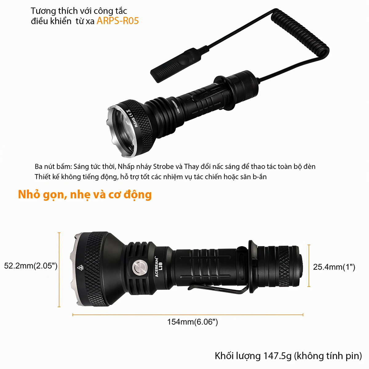 Đèn Pin Cắm Trại Du Lịch Chiếu Xa ACEBEAM L18 Độ Sáng 1500 Lumen Chiếu Xa 1000M