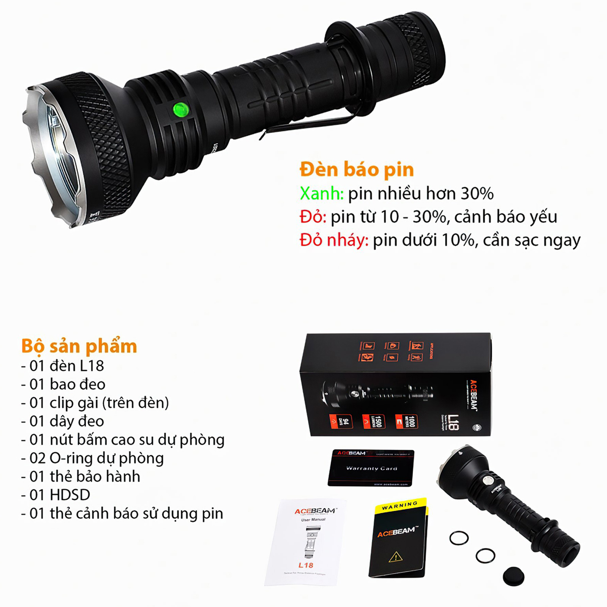 Đèn Pin Cắm Trại Du Lịch Chiếu Xa ACEBEAM L18 Độ Sáng 1500 Lumen Chiếu Xa 1000M