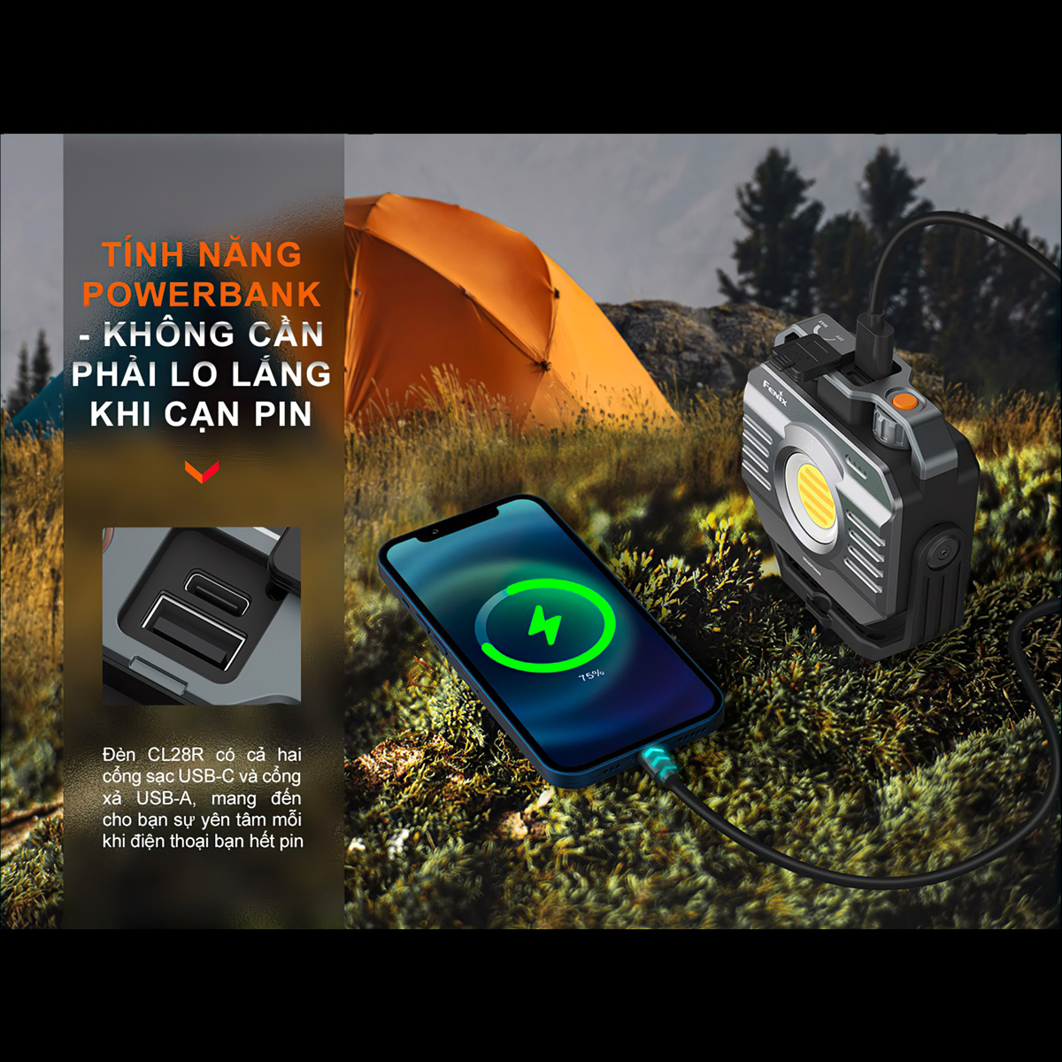 FENIX CL28R Đèn Pin Cắm Trại Du Lịch Sáng 2000 Lumen Pin Liền Thân 10000Mah Sạc Usb-C Có Chức Năng Powerbank