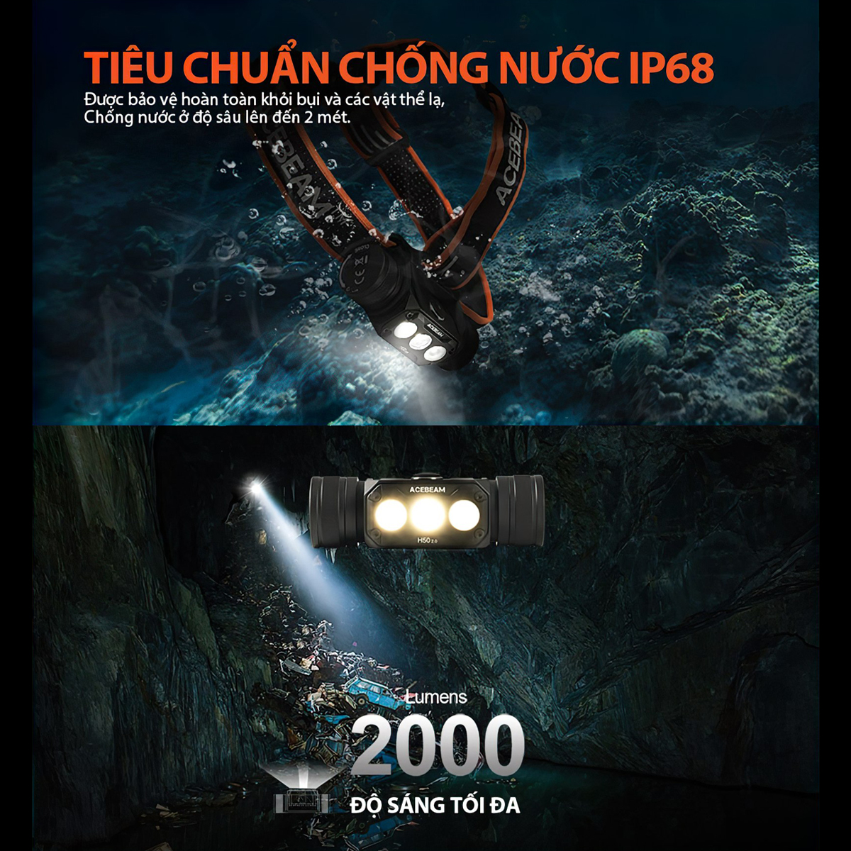 Đèn Pin Cắm Trại Du Lịch Đội Đầu ACEBEAM H50 V2.0 Sáng 2000 Lumen Chiếu Xa 141M (Kèm Pin)