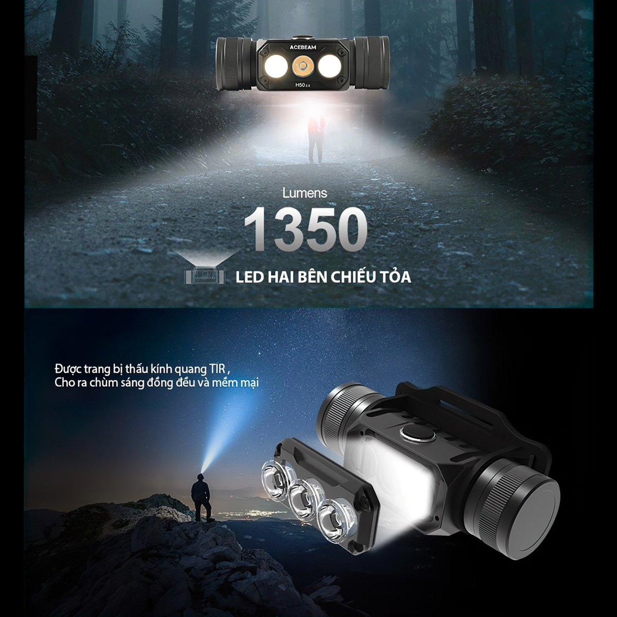 Đèn Pin Cắm Trại Du Lịch Đội Đầu ACEBEAM H50 V2.0 Sáng 2000 Lumen Chiếu Xa 141M (Kèm Pin)