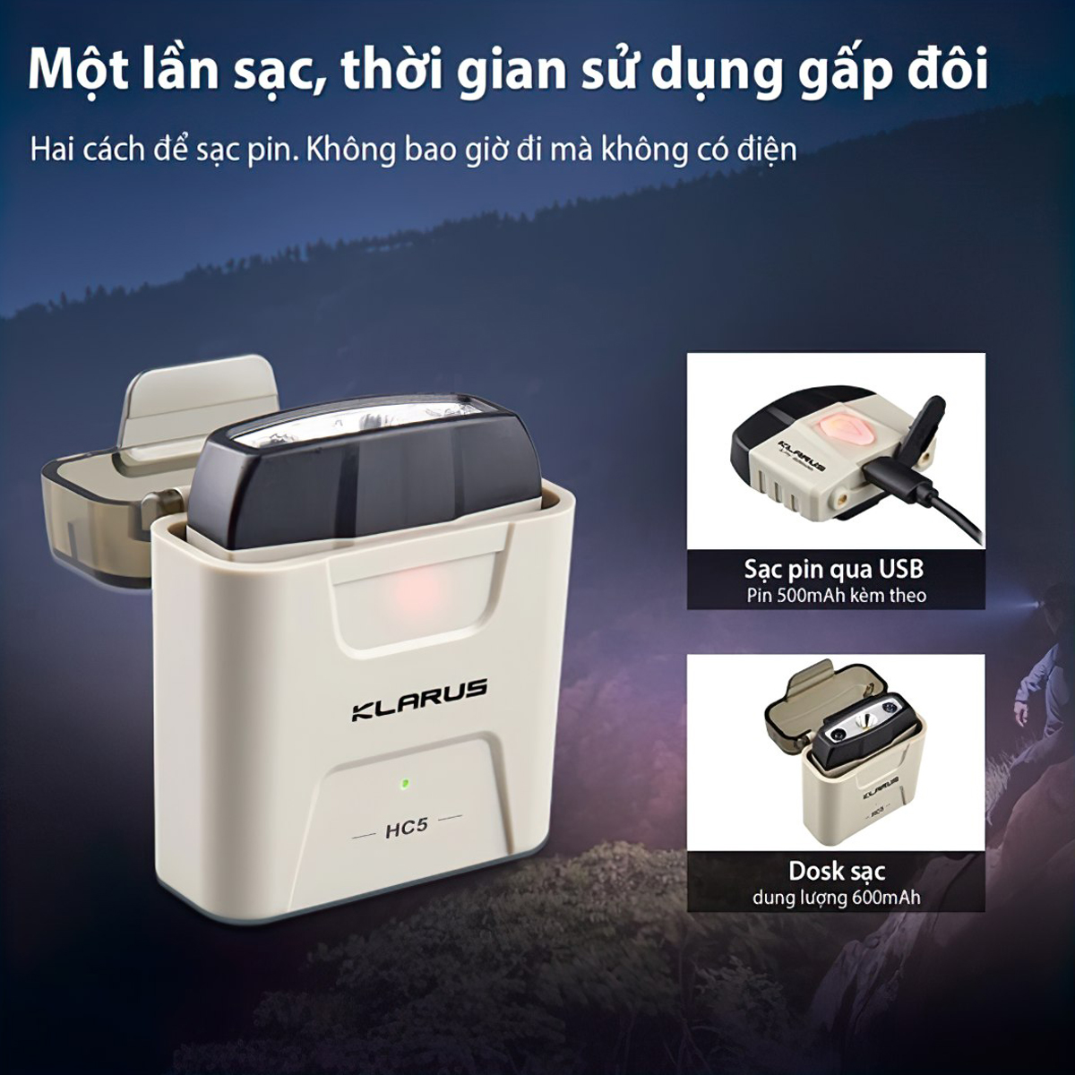 Đèn Pin Cắm Trại Du Lịch Đội Đầu KLARUS HC5 Sáng 120Lm Chiếu Xa 37M