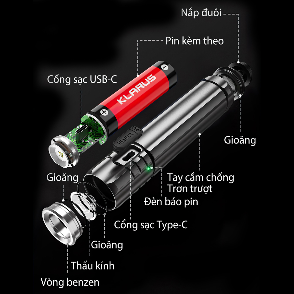 KLARUS EC20 Đèn pin Cắm Trại Du Lịch sáng 1100 lumen chiếu xa 200m pin 21700 4000mAh sạc USB C kiêm power bank