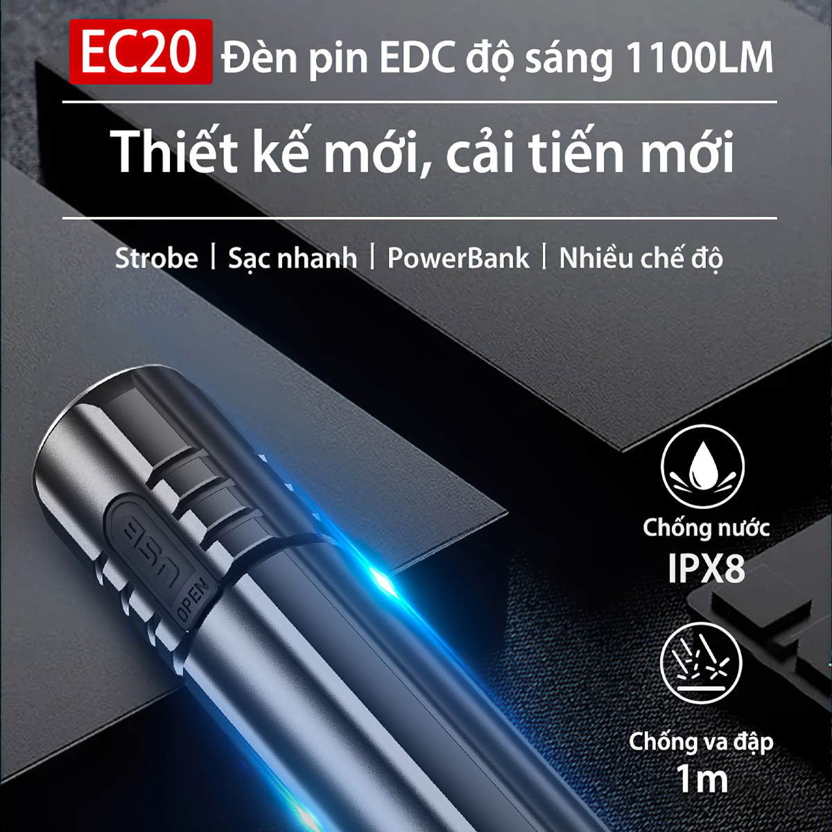 KLARUS EC20 Đèn pin Cắm Trại Du Lịch sáng 1100 lumen chiếu xa 200m pin 21700 4000mAh sạc USB C kiêm power bank