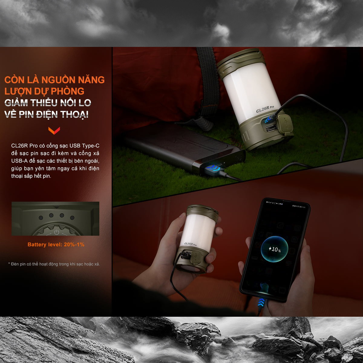 FENIX CL26R Pro Đèn pin độ sáng 650 lumen pin 21700 sạc USB-C chiếu tỏa 360 độ Cắm Trại