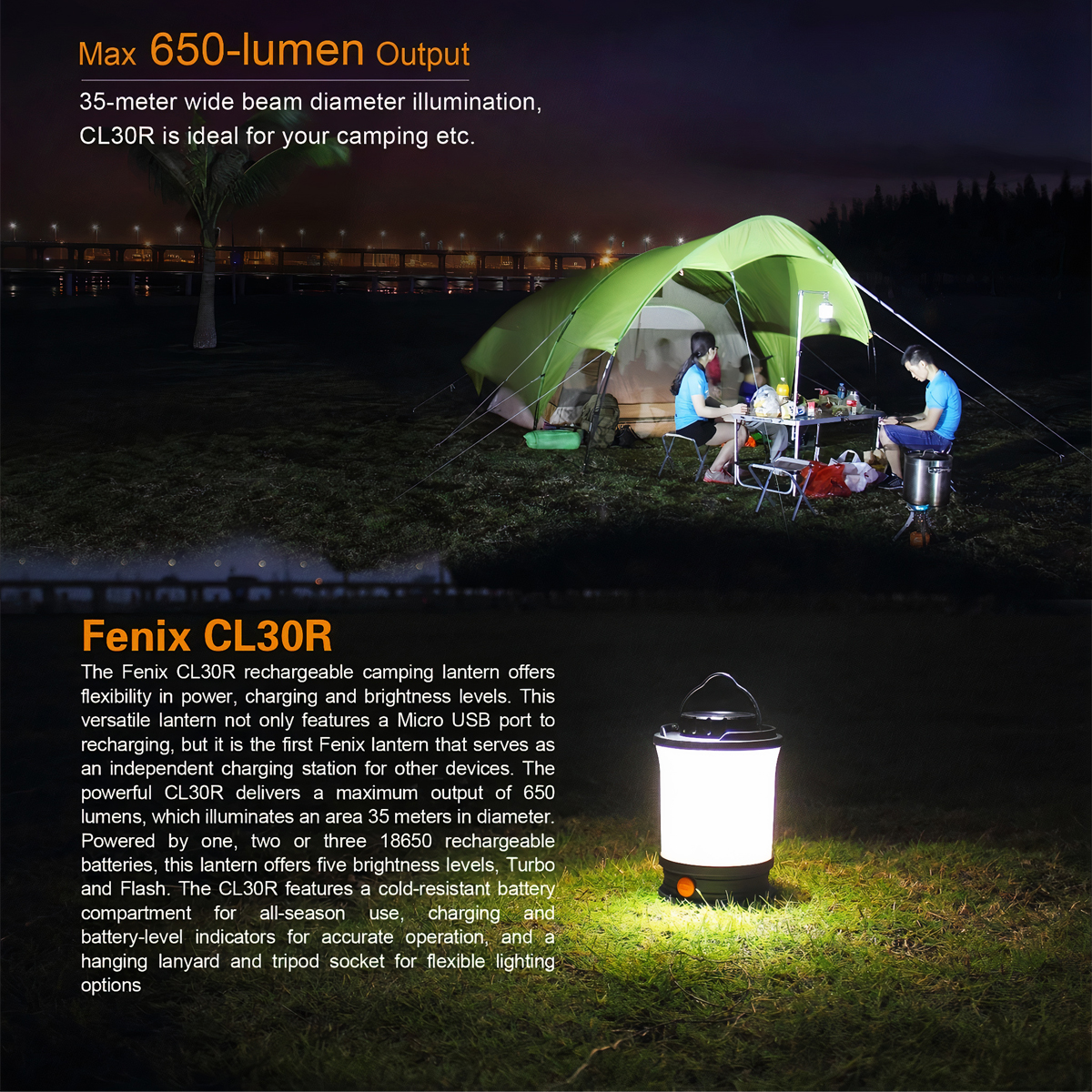 Fenix CL30R Đèn Pin Cắm Trại Sáng 650 lumen