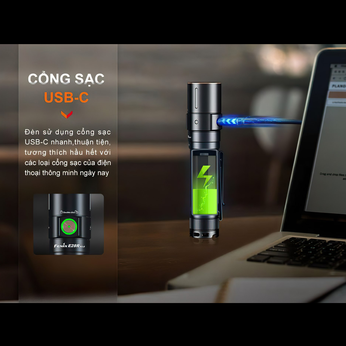 FENIX E28R V2.0  Đèn Pin Nhỏ Gọn Sáng 1700 lumen Chiếu Xa 273m Sạc USB C Pin Sạc 18650 3400mAh Cắm Trại