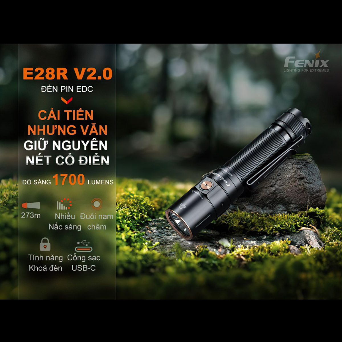 FENIX E28R V2.0  Đèn Pin Nhỏ Gọn Sáng 1700 lumen Chiếu Xa 273m Sạc USB C Pin Sạc 18650 3400mAh Cắm Trại