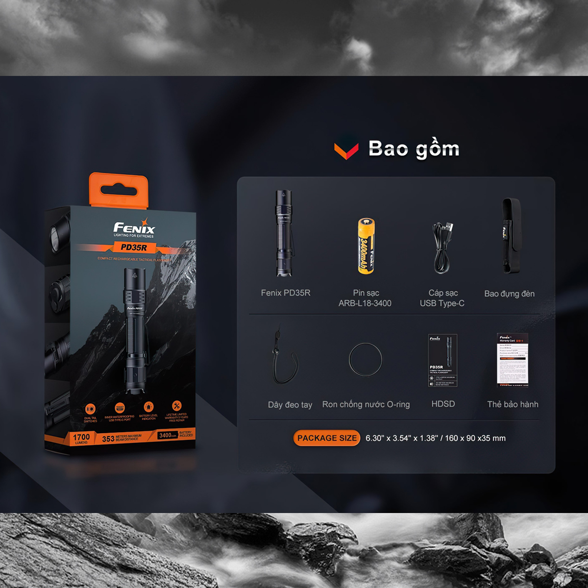 Fenix PD35R Đèn Pin Cắm Trại Chiếu xa 353 mét 1700 Lumen