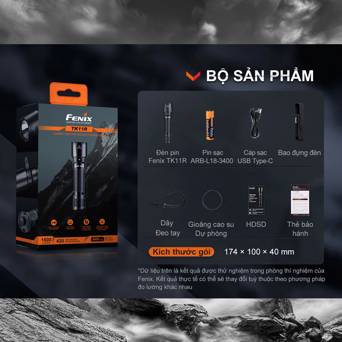 FENIX TK11R Đèn pin sáng 1600 lumen chiếu xa 420m pin sạc 18650 Cắm Trại