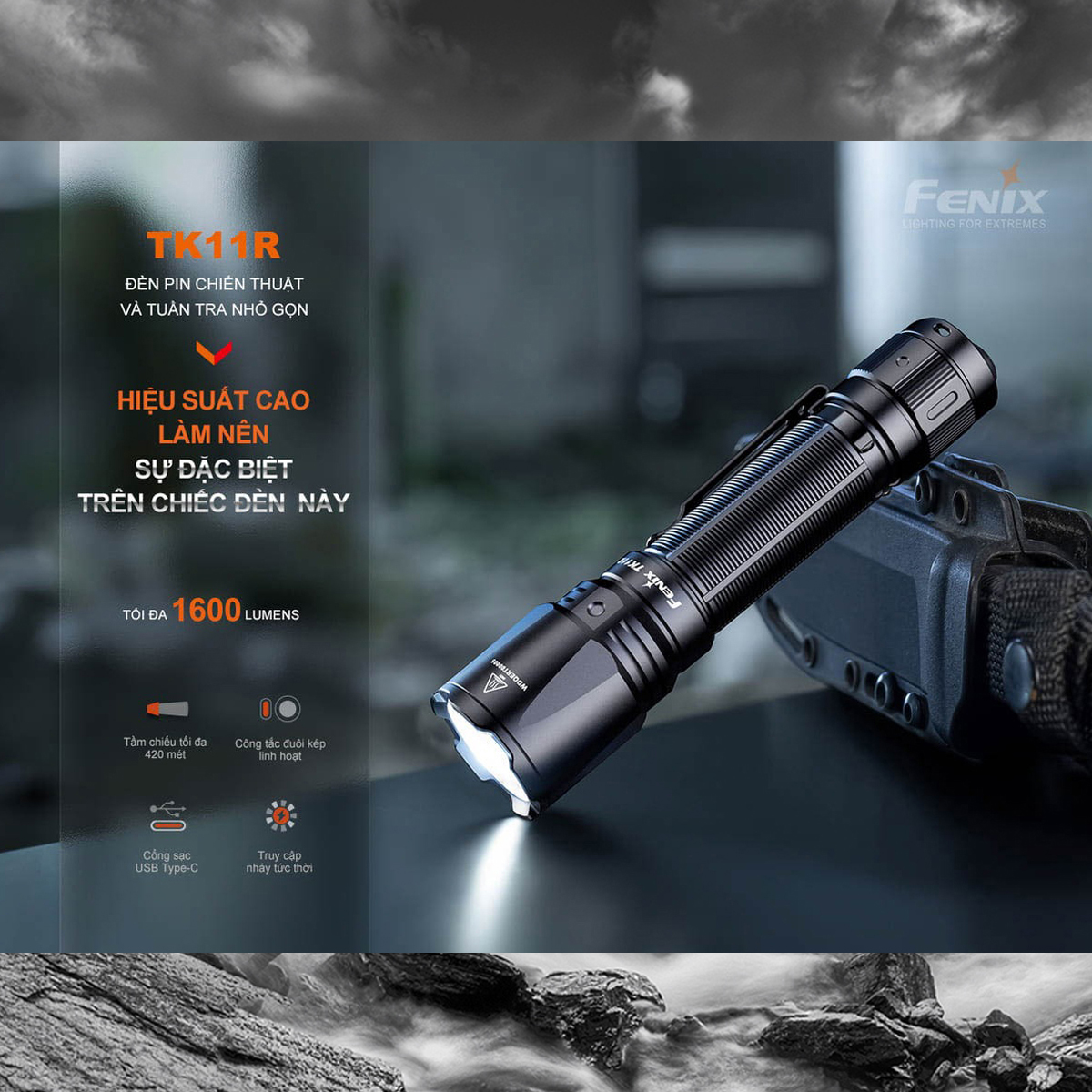 FENIX TK11R Đèn pin sáng 1600 lumen chiếu xa 420m pin sạc 18650 Cắm Trại