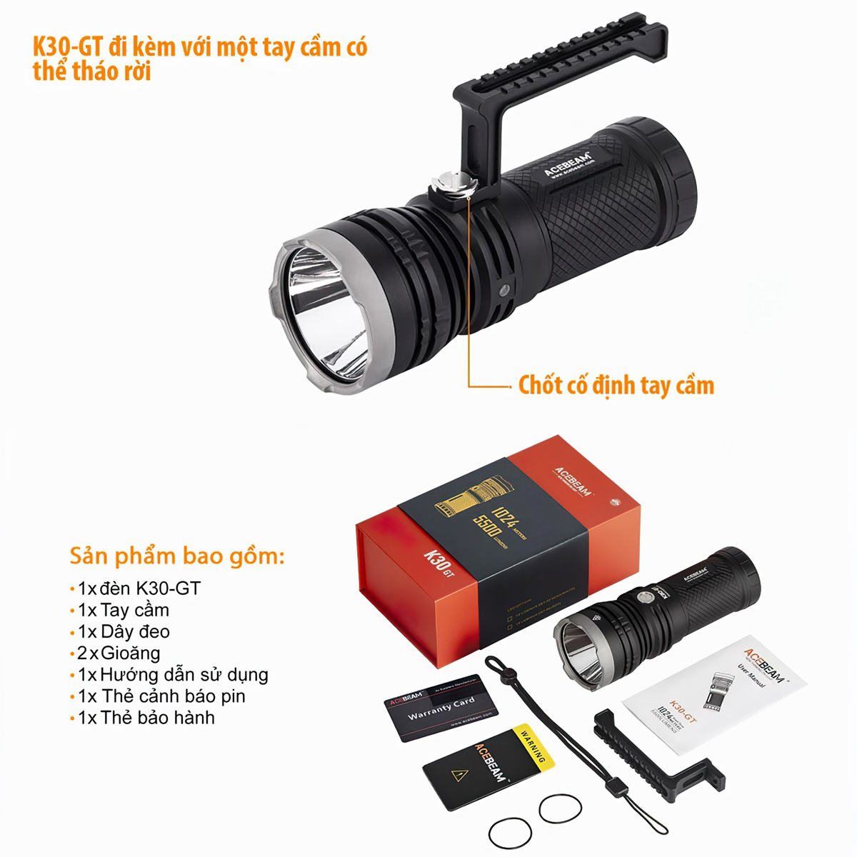 Đèn Pin Chiếu Xa Cắm Trại Du Lịch ACEBEAM K30-GT LED LUMINUS SBT-90 GEN2 Độ Sáng 5500Lm Chiếu Xa 1024M 3 Pin 18650 3100Mah Kèm Theo