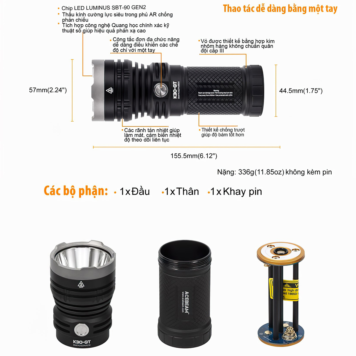Đèn Pin Chiếu Xa Cắm Trại Du Lịch ACEBEAM K30-GT LED LUMINUS SBT-90 GEN2 Độ Sáng 5500Lm Chiếu Xa 1024M 3 Pin 18650 3100Mah Kèm Theo