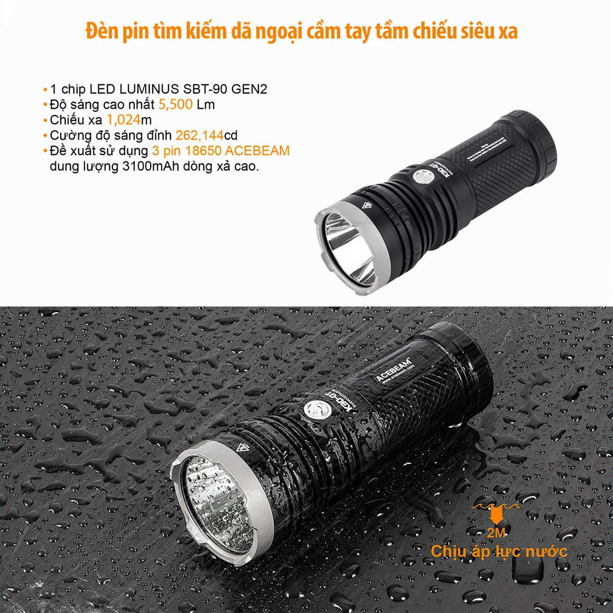 Đèn Pin Chiếu Xa Cắm Trại Du Lịch ACEBEAM K30-GT LED LUMINUS SBT-90 GEN2 Độ Sáng 5500Lm Chiếu Xa 1024M 3 Pin 18650 3100Mah Kèm Theo