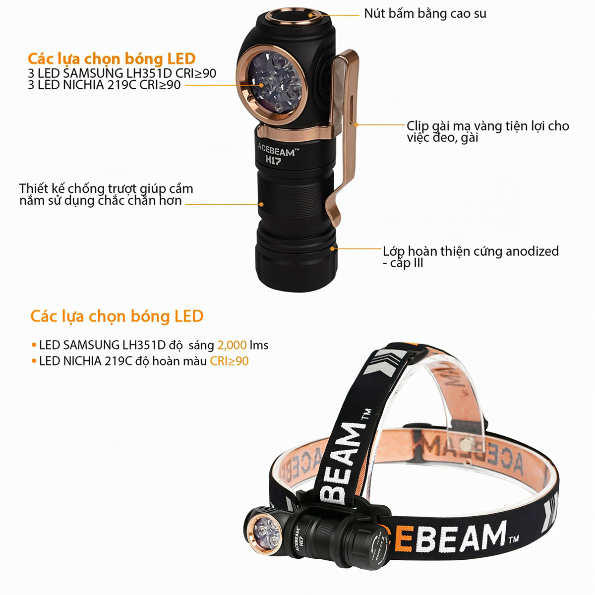 Đèn Pin Đội Đầu Cắm Trại Du Lịch ACEBEAM H17 Độ Sáng 2000 Lumen Chiếu Xa 134M (Pin Kèm Theo)