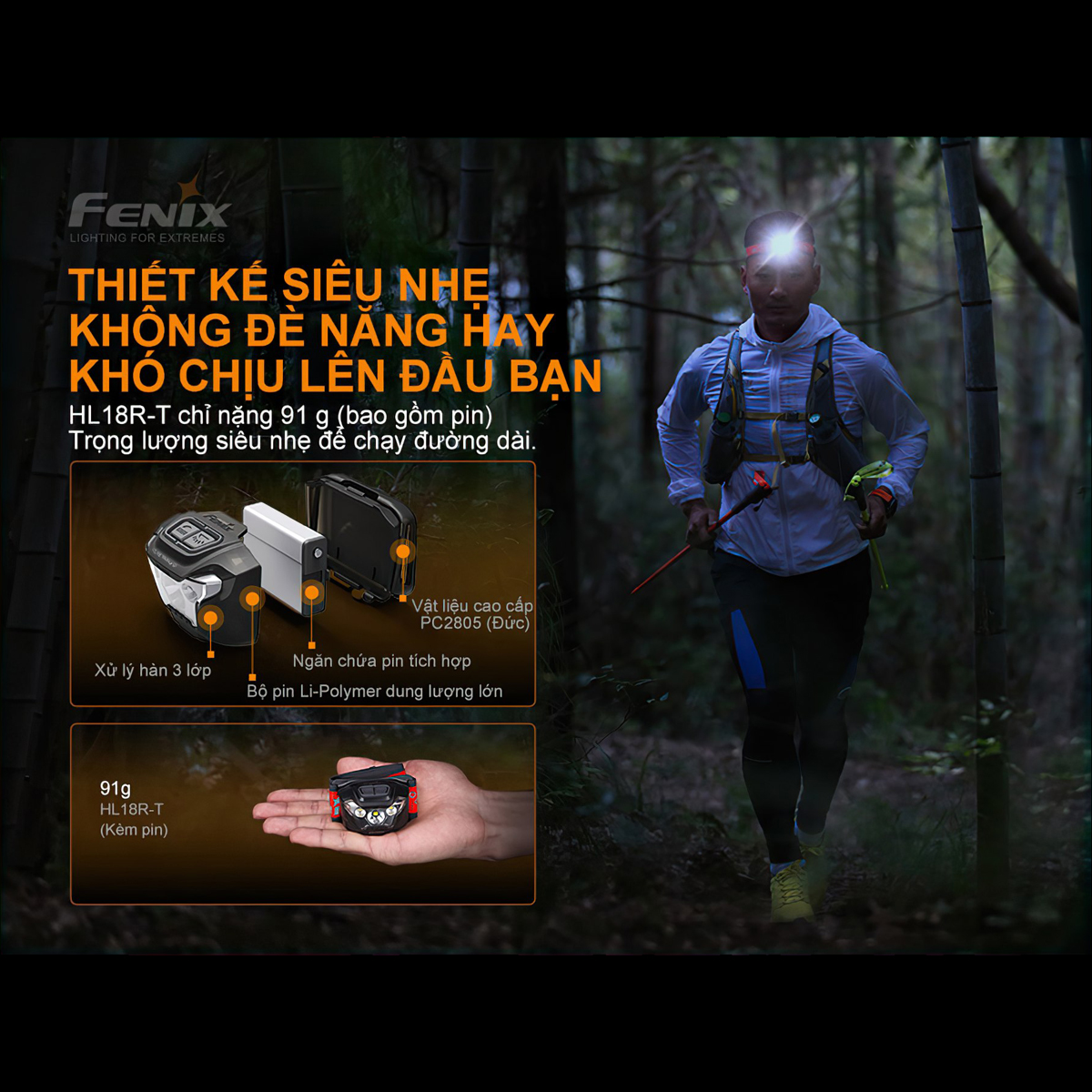 Fenix Hl18R-T Đèn Pin Đội Đầu Cắm Trại Du Lịch Siêu Nhẹ  Sáng 500 Lumen Chiếu Xa 82M Sạc Usb