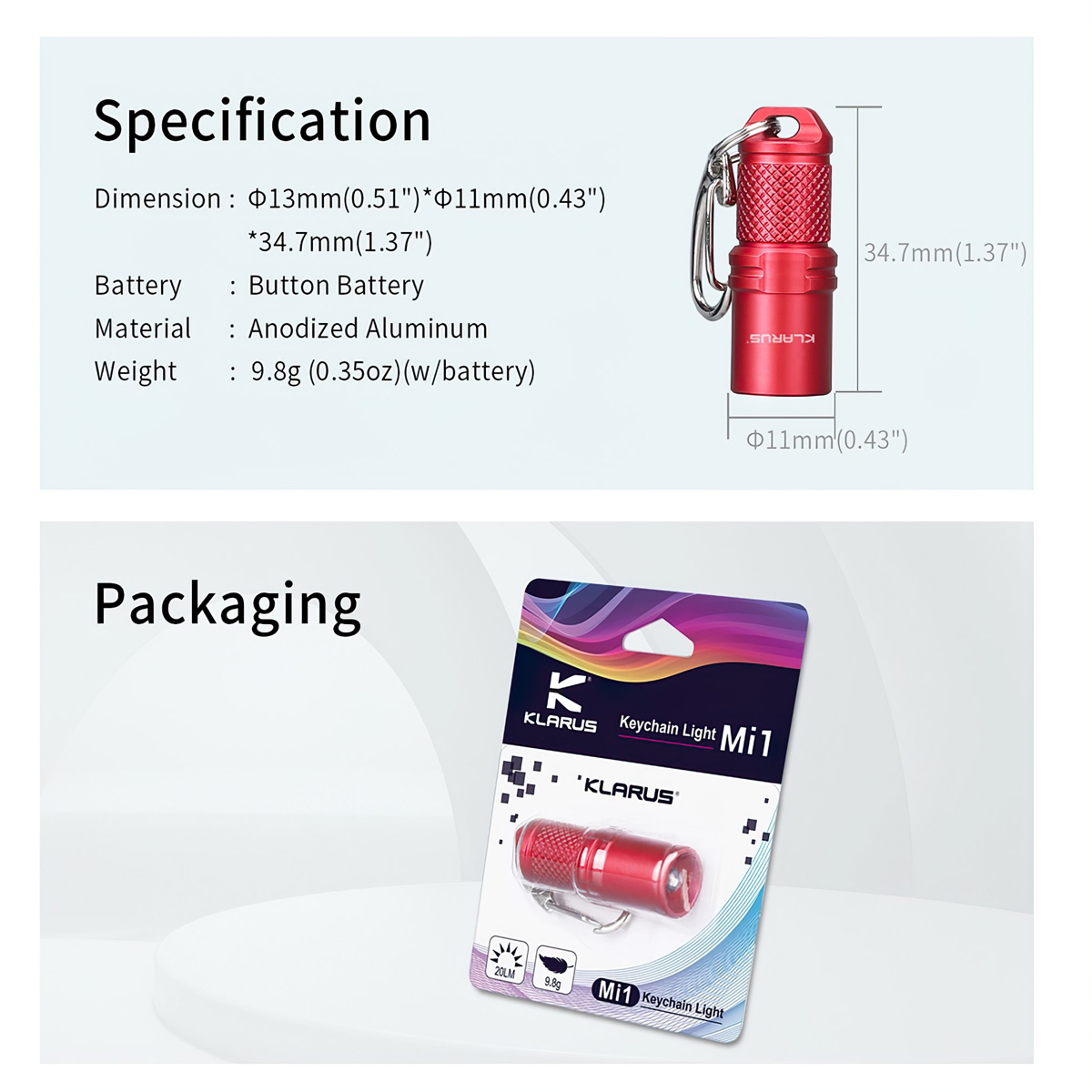 Đèn Pin Móc Khóa Cắm Trại Du Lịch KLARUS Mi1 Led Nichia Sáng 20Lm 4 Pin Lr41 Công Tắc Xoay Với 2 Nấc Sáng, 5 Phiên Bản Màu