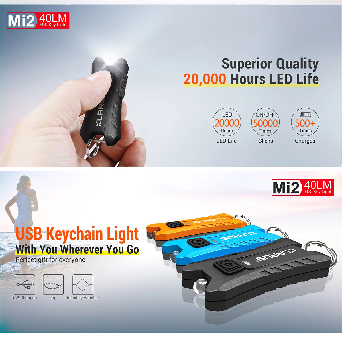 Đèn Pin Móc Khóa Cắm Trại Du Lịch Klarus Mi2 Độ Sáng 40 Lumen Cổng Sạc Usb Pin 120Mah (Liền Thân)