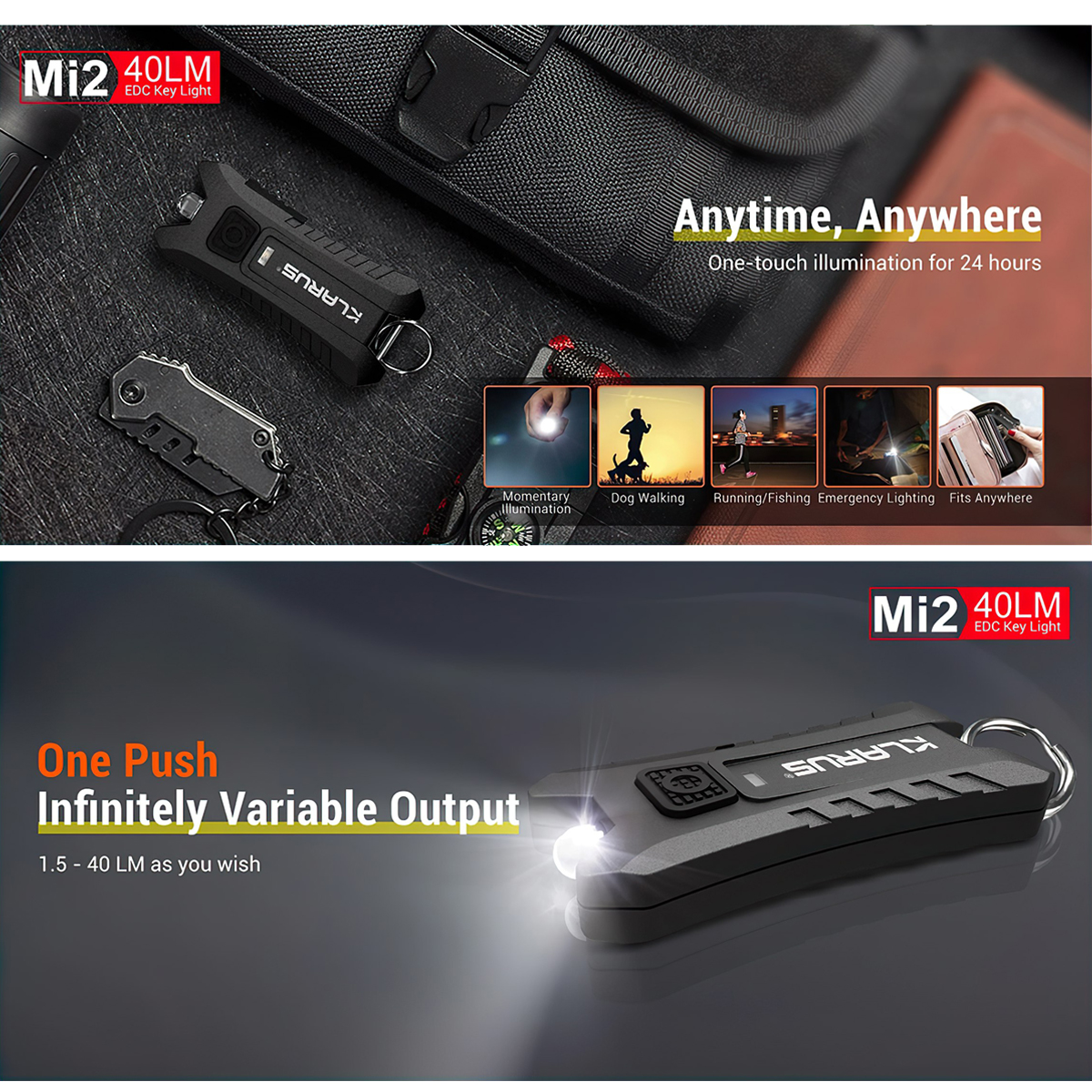 Đèn Pin Móc Khóa Cắm Trại Du Lịch Klarus Mi2 Độ Sáng 40 Lumen Cổng Sạc Usb Pin 120Mah (Liền Thân)