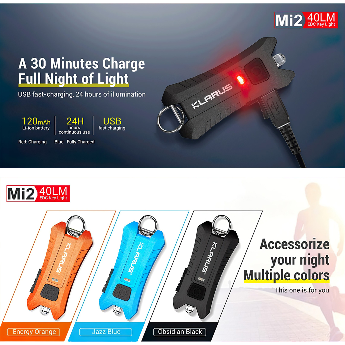 Đèn Pin Móc Khóa Cắm Trại Du Lịch Klarus Mi2 Độ Sáng 40 Lumen Cổng Sạc Usb Pin 120Mah (Liền Thân)