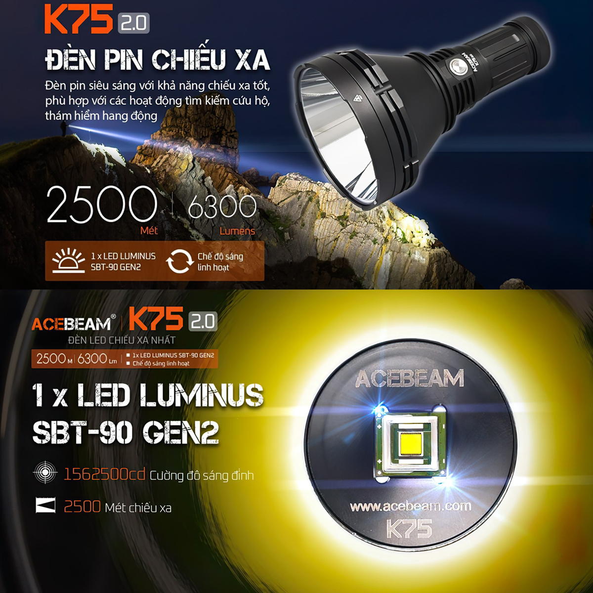ACEBEAM K75 V2.0 Đèn Pin Siêu sáng Chiếu Xa 2500m Độ Sáng 6300 lumen
