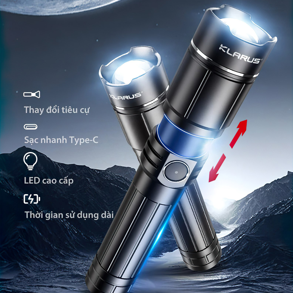 Đèn Pin Zoom Cắm Trại Du Lịch KLARUS A2 PRO Độ Sáng 1450 Lumen Chiếu Xa 420M Sạc Usb-C Pin 21700 4000Mah Kèm Theo