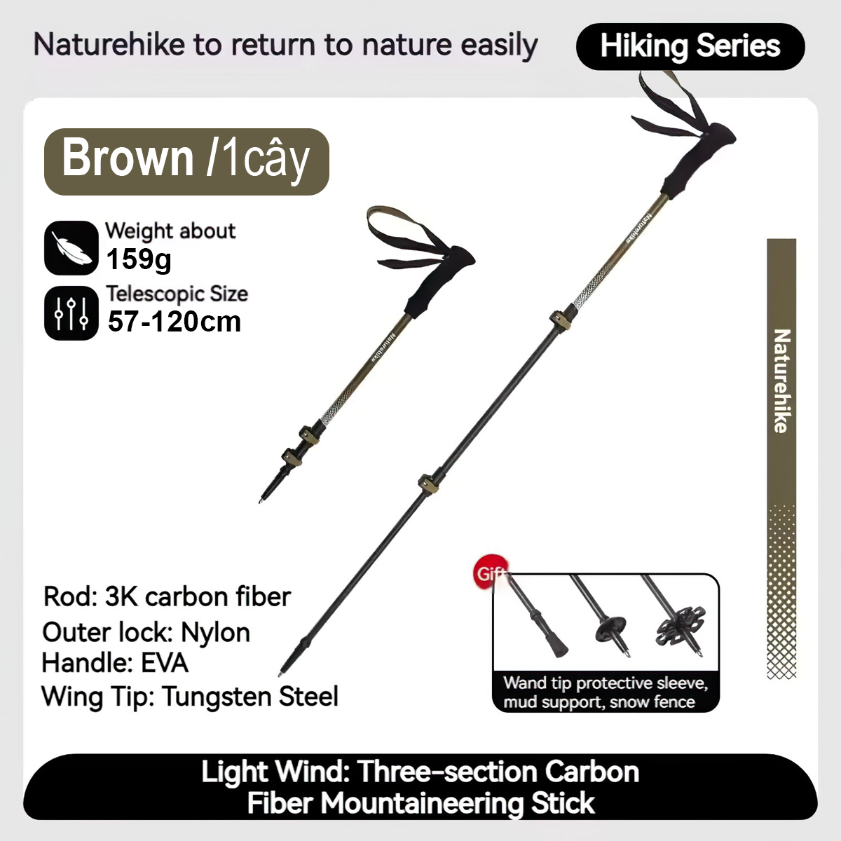 Naturehike Gậy Carbon Leo Núi Siêu Bền Nhẹ (1 cây) CNK2300DS010