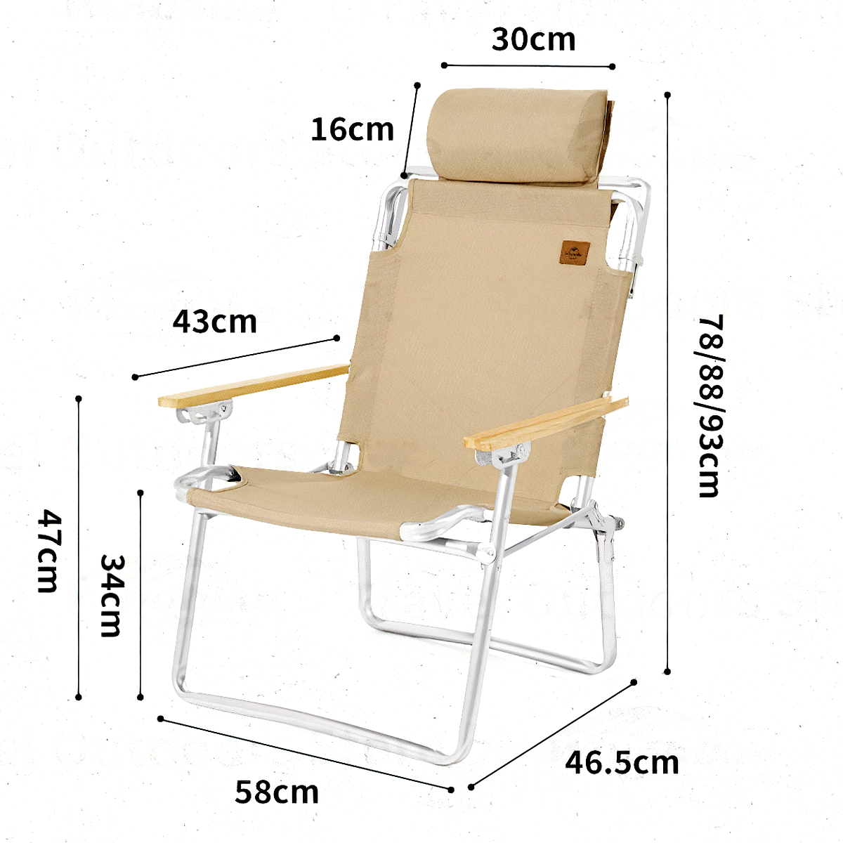 Sơ đồ kích thước ghế cắm trại TY11 với các số đo chiều rộng, cao, sâu