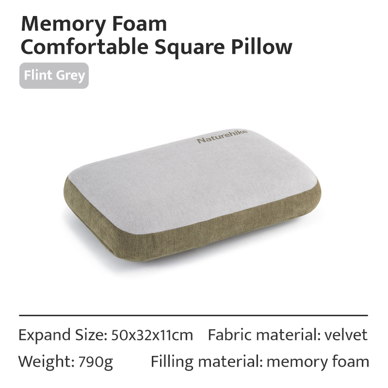 Gối cắm trại Naturehike Memory Foam màu xám kèm bảng thông số kích thước 50x32x11cm, nặng 790g