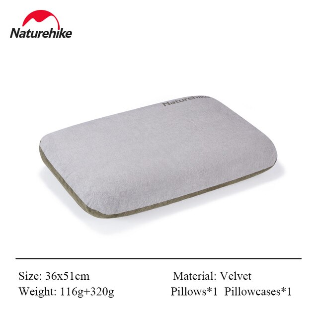 Gối cắm trại Naturehike màu xám kèm bảng thông số kích thước 36x51cm, chất liệu nhung