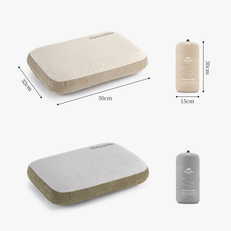 Sơ đồ kích thước gối cắm trại Naturehike so với túi đựng khi gấp gọn