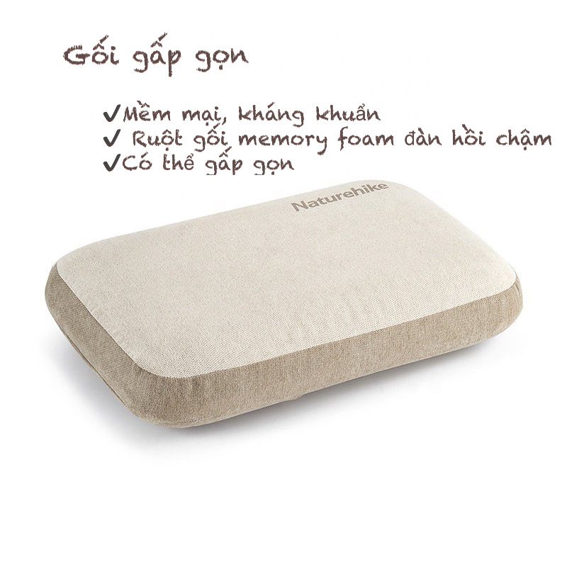 Gối cắm trại Naturehike màu be kèm chú thích tiếng Việt mềm mại kháng khuẩn, có thể gấp gọn