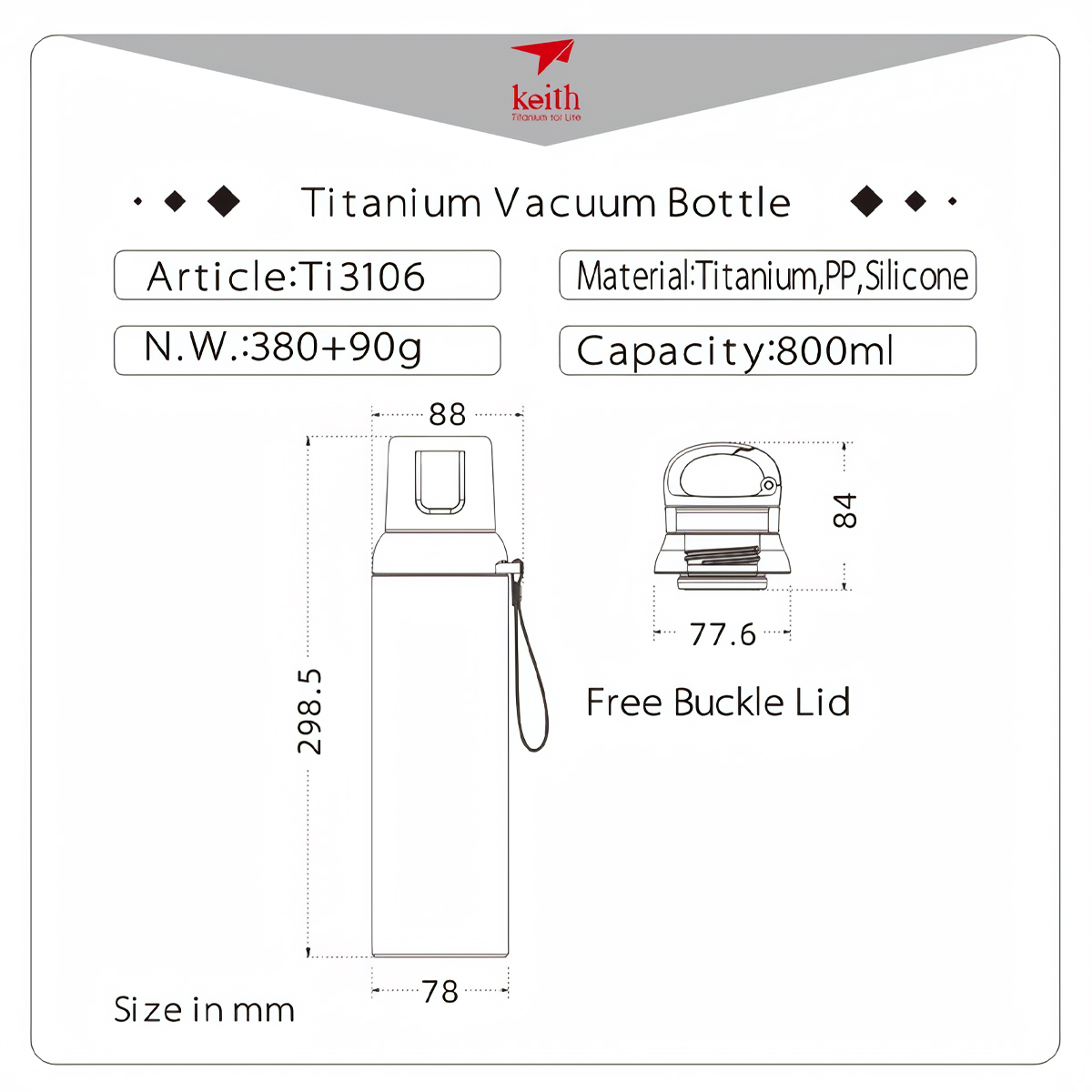 Keith Titanium Bình giữ nhiệt Dã Ngoại 800ml - Ti3106