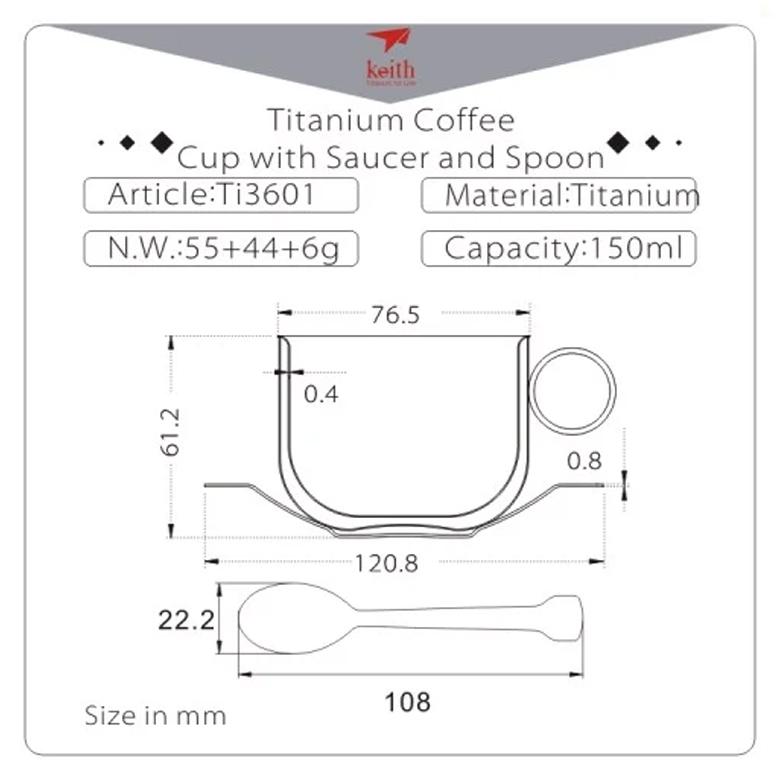 Keith Titanium Coffee cup with saucer and spoon