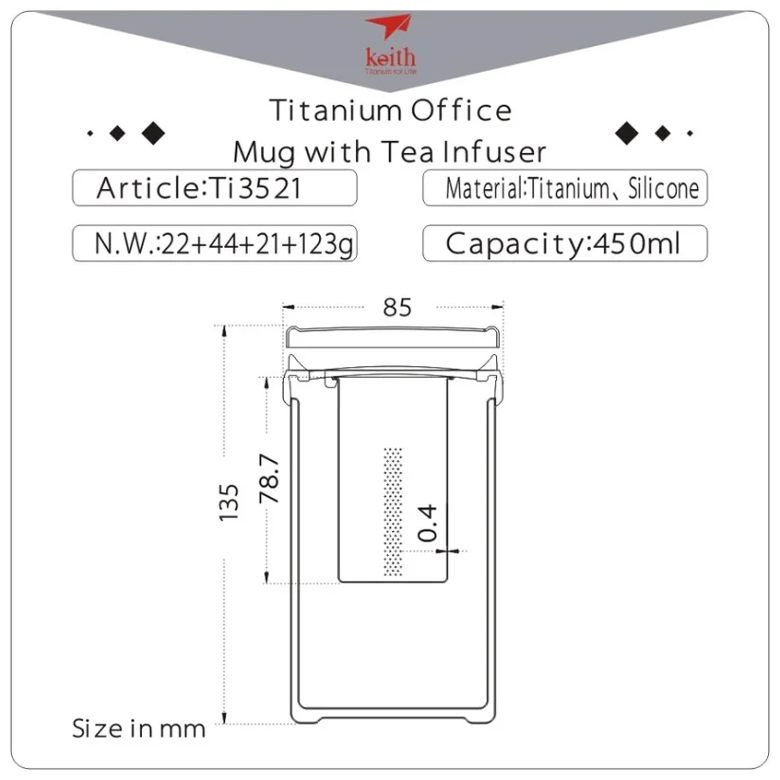 Bảng thông số kỹ thuật Keith Titanium Office Mug with Tea Infuser kèm sơ đồ kích thước