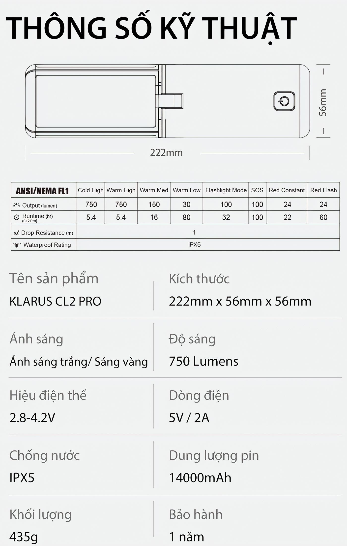 Klarus CL2 Pro Đèn Gập Cắm Trại 750 Lumen Sáng Tỏa 360 Độ, Pin Liền Thân 14000mAh USB-C PowerBank