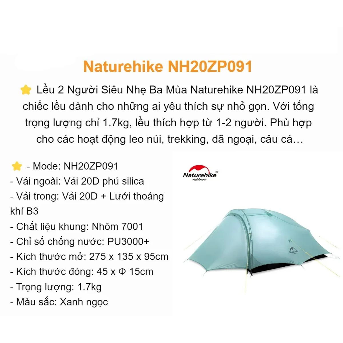 NatureHike NH20ZP091 Lều Cắm Trại 2 Người Siêu Nhẹ