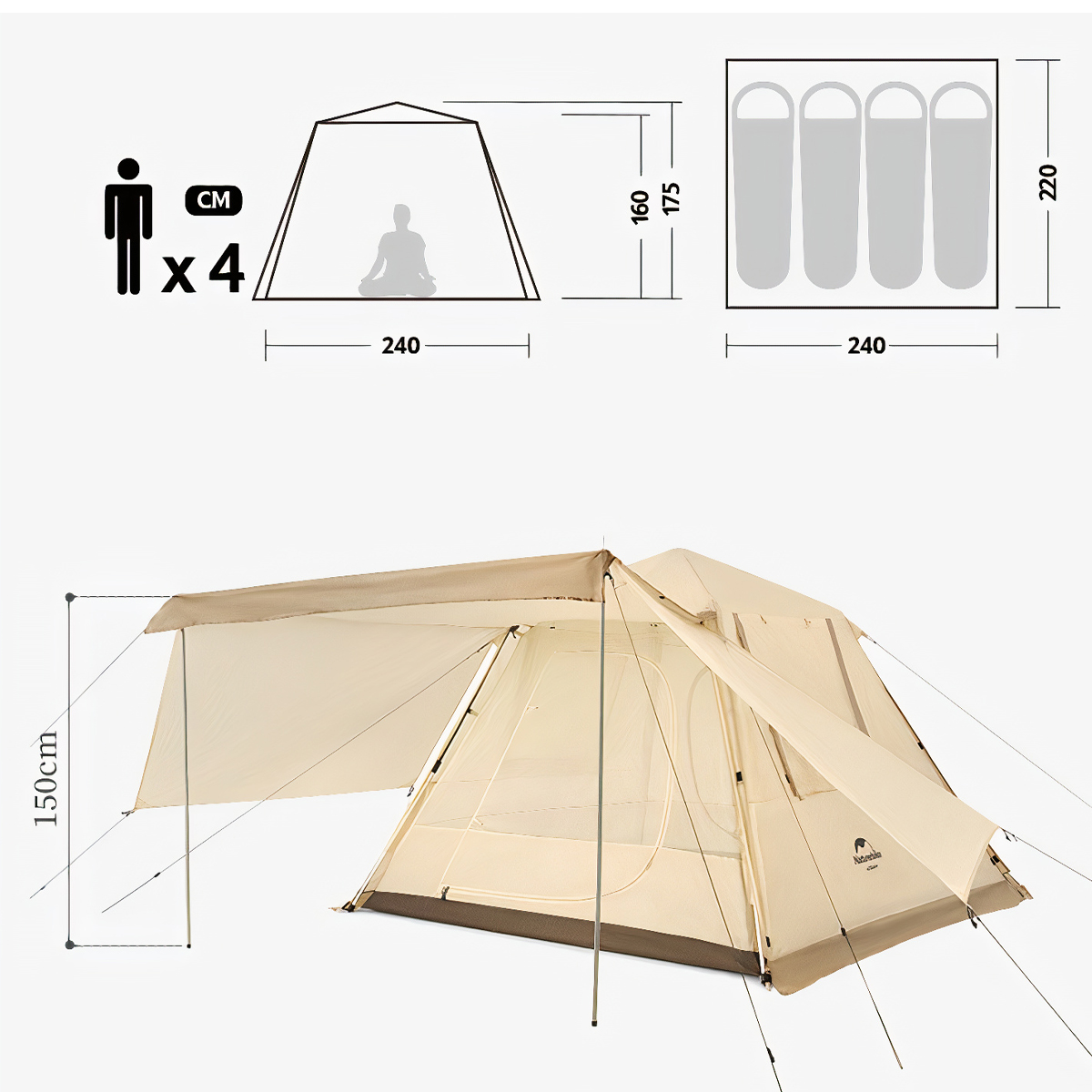 Naturehike Lều Cắm Trại 4 Người Tự Bung UPF 50+ Ango pop up tent for 4 man Automatic