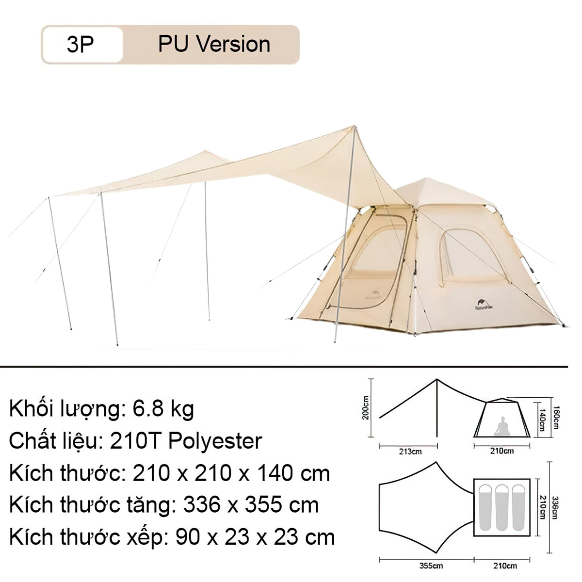 Naturehike Ango Lều Tự Bung 3 người Kèm Tăng Cắm Trại