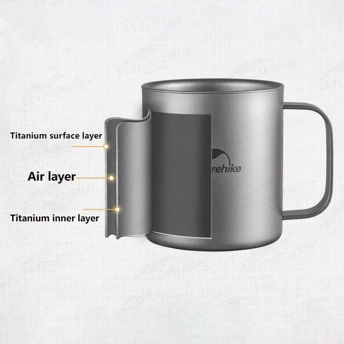 Naturehike NH22CJ006 Ly, Cốc Cắm Trại Titanium 2 Lớp Giữ Nhiệt Có Tay Cầm