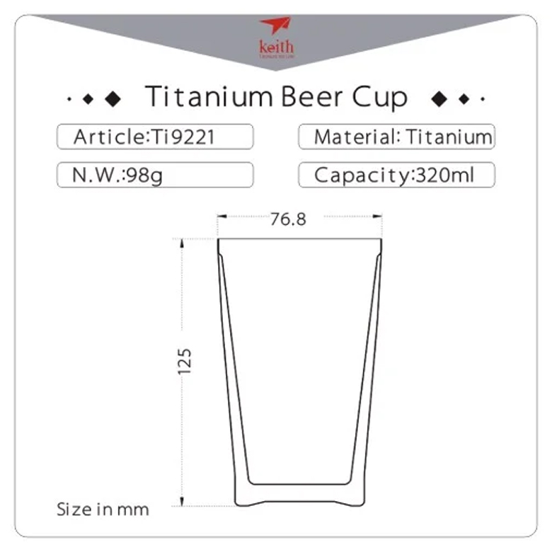 Bảng thông số kỹ thuật Ly Giữ Nhiệt Keith Double-wall Titanium Cup kèm sơ đồ kích thước