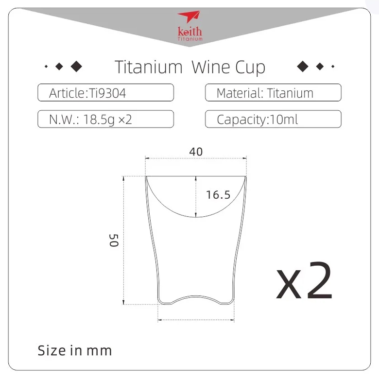 Bảng thông số kỹ thuật Ly Uống Rượu Keith Titanium Wine Cup 10ml kèm sơ đồ kích thước, đóng bộ x2