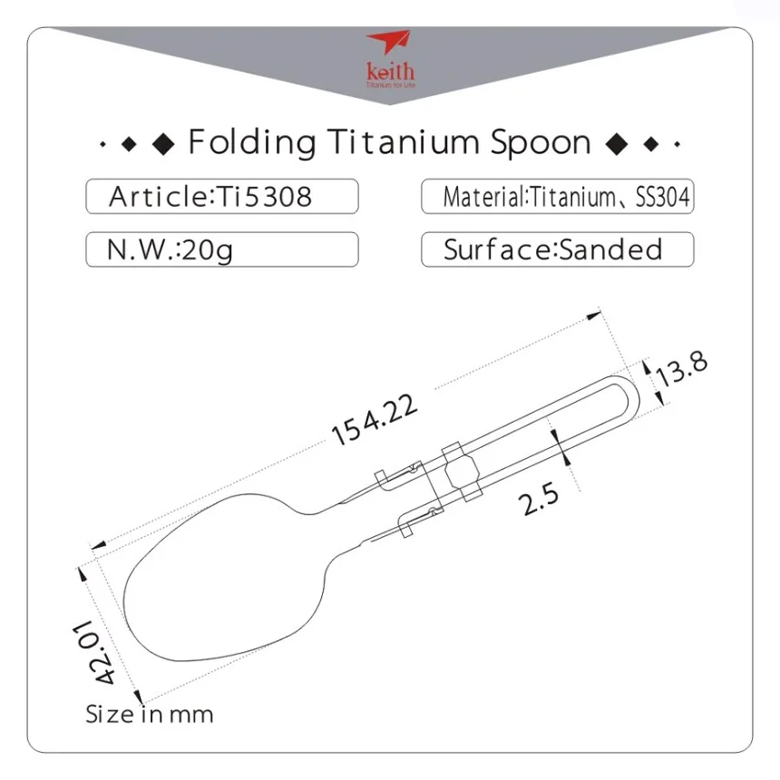 Bảng thông số kỹ thuật Keith Muỗng Titanium Folding Spoon kèm sơ đồ kích thước