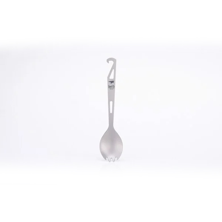 Muỗng Cắm Trại Keith Titanium Spork with Bottle Opener treo móc, nhìn nghiêng mặt nĩa