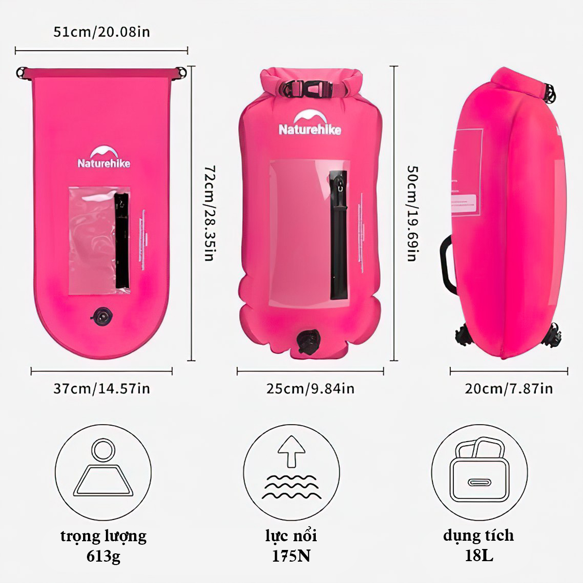 Naturehike Phao Bơi 18L - 25L Kết Hợp Túi Khô Đựng Đồ Chống Nước ( mẫu 2026 - 2 ngăn khí - 4 lớp ) NH17S001-G